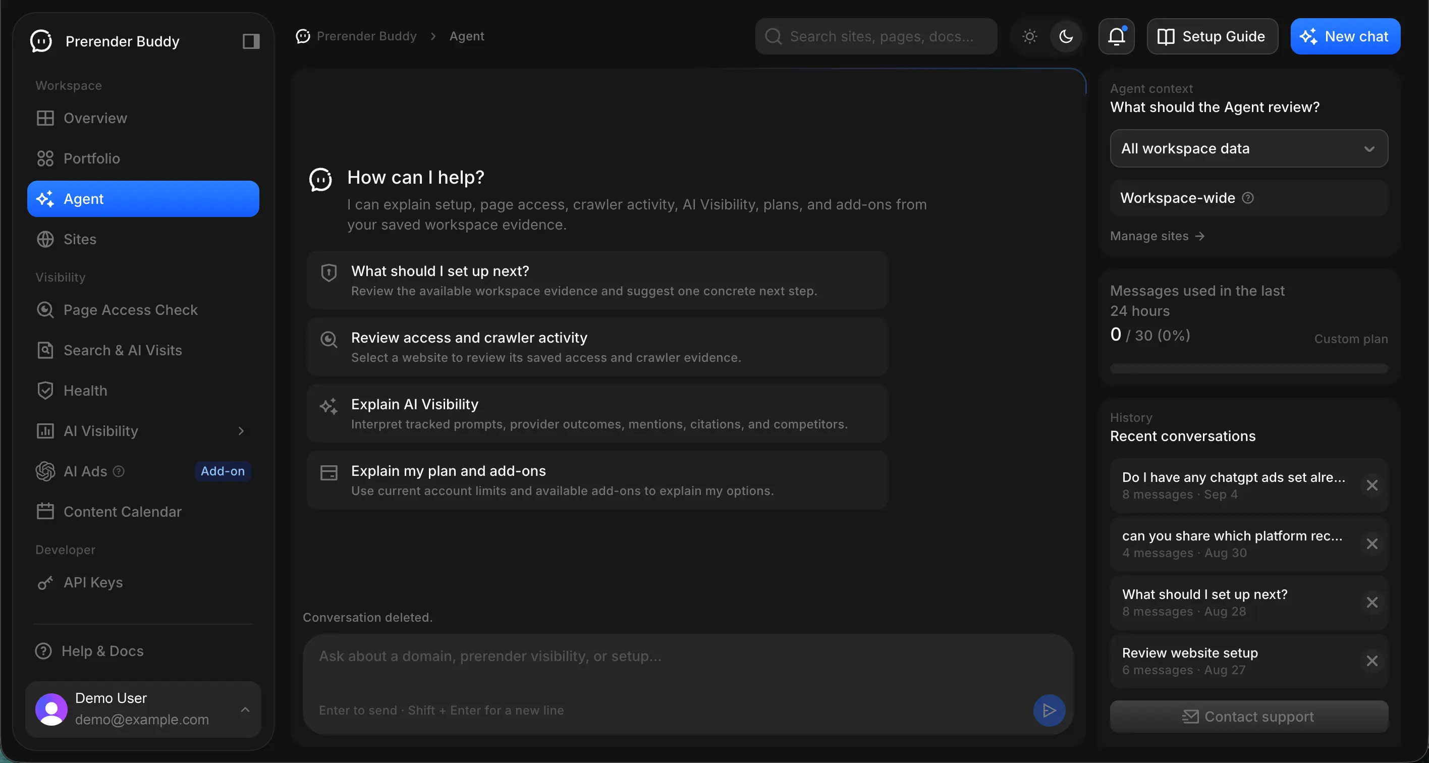 Agent in the Prerender Buddy beta app, dark theme