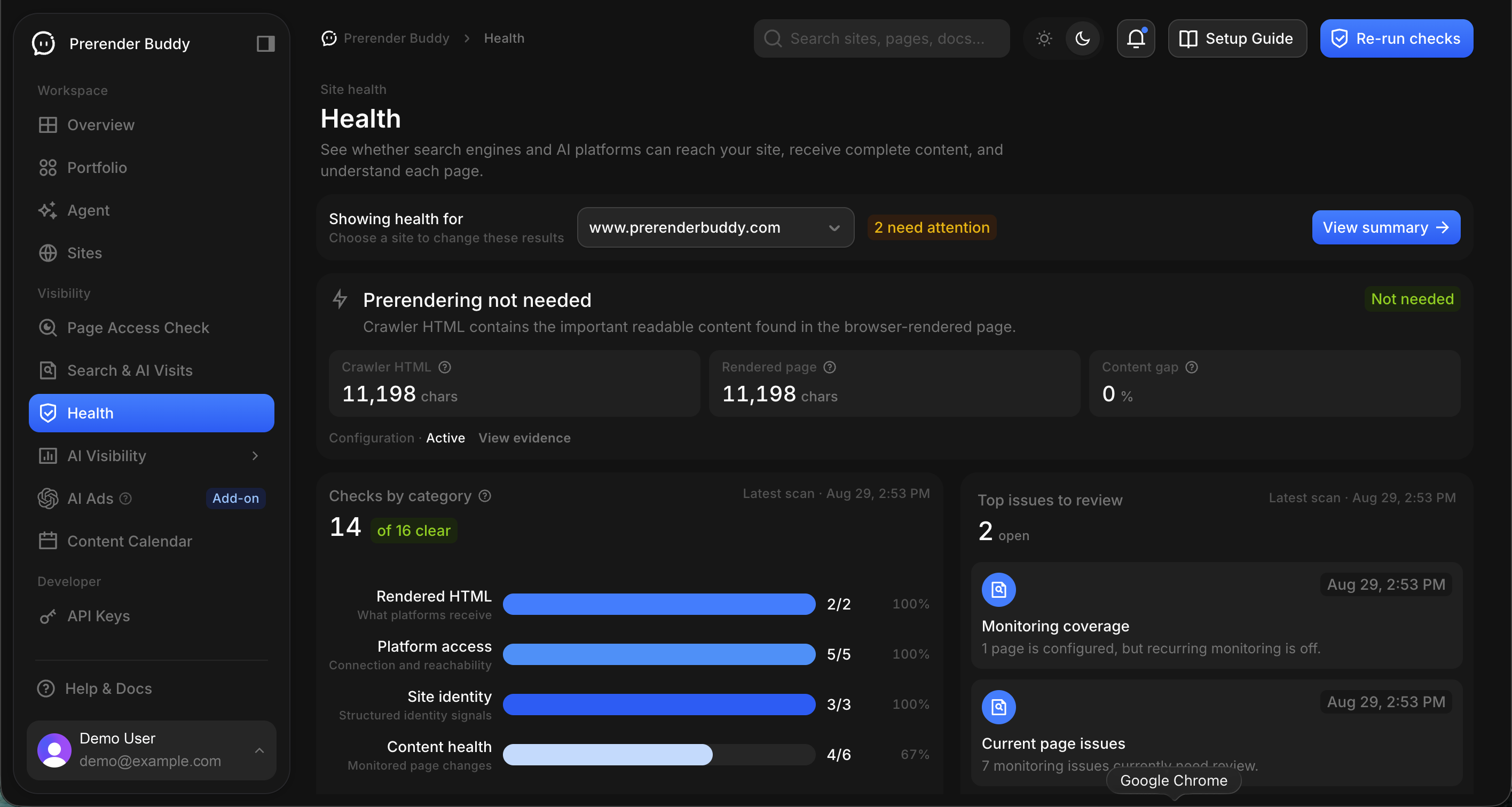 Health & Monitoring in the Prerender Buddy beta app, dark theme