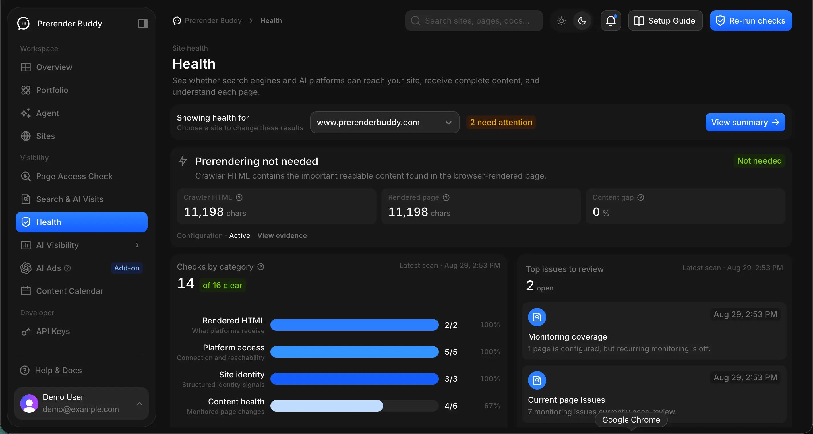 Health & Monitoring in the Prerender Buddy beta app, dark theme