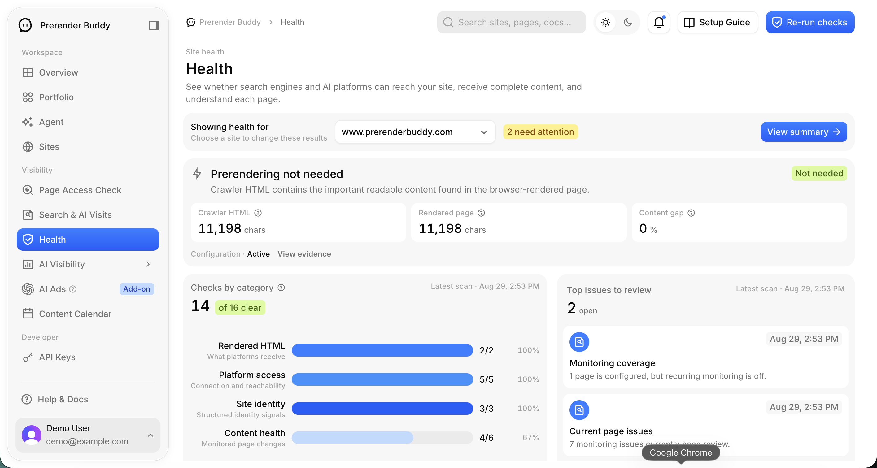 Health & Monitoring in the Prerender Buddy beta app