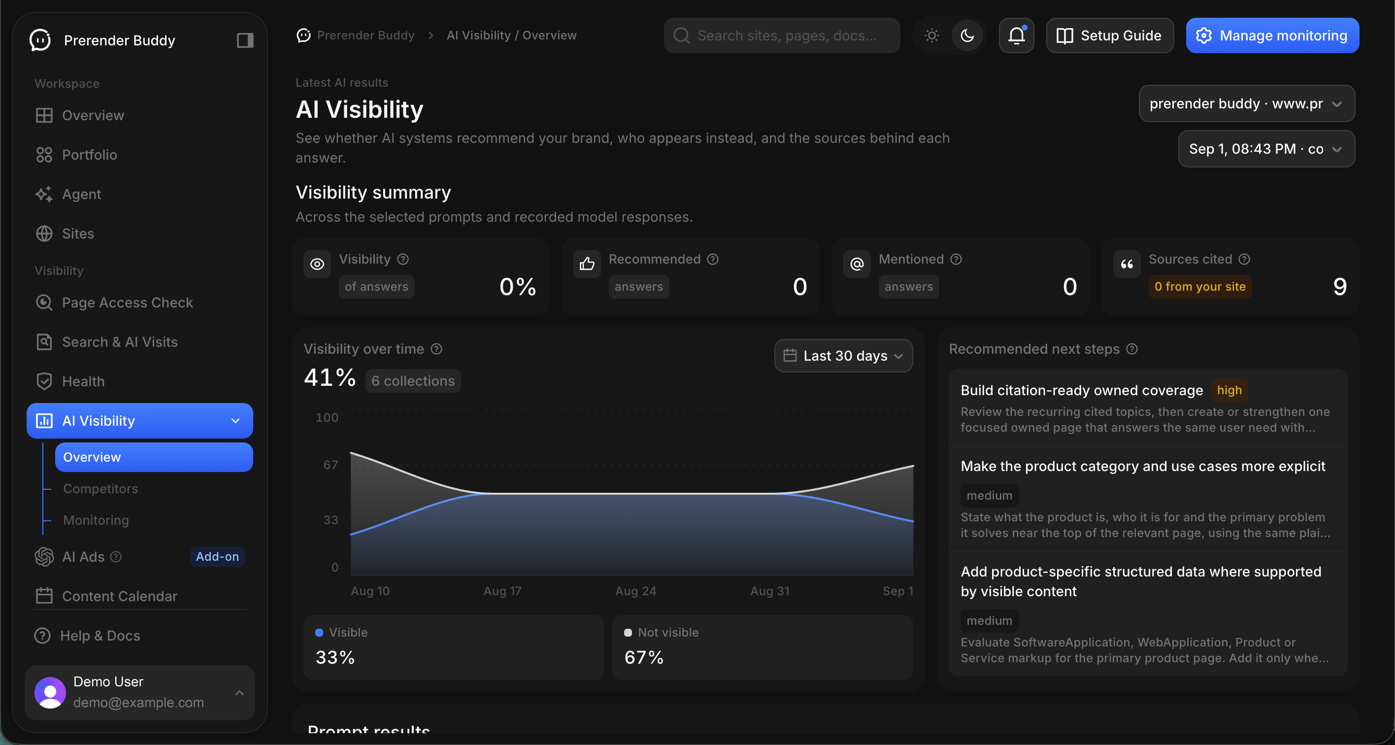 AI Visibility in the Prerender Buddy beta app, dark theme