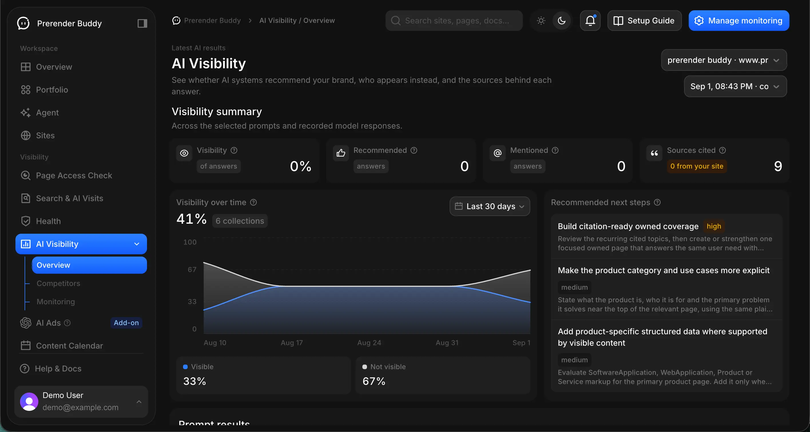 AI Visibility in the Prerender Buddy beta app, dark theme